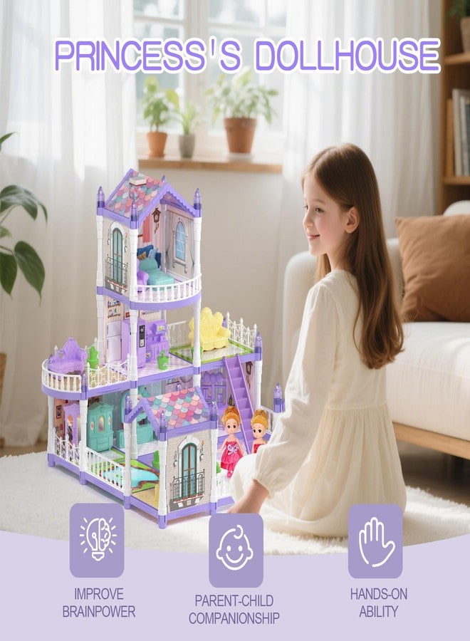 randhar Dollhouse Set with 2 Dolls&4 unicons Dreamy Doll House with 9 Rooms 3 Floors 2 Pets, 12 Pieces Furniture and Accessories, Birthday Princess Dollhouse for Girls for 3 to 12 Years Old - Image 2